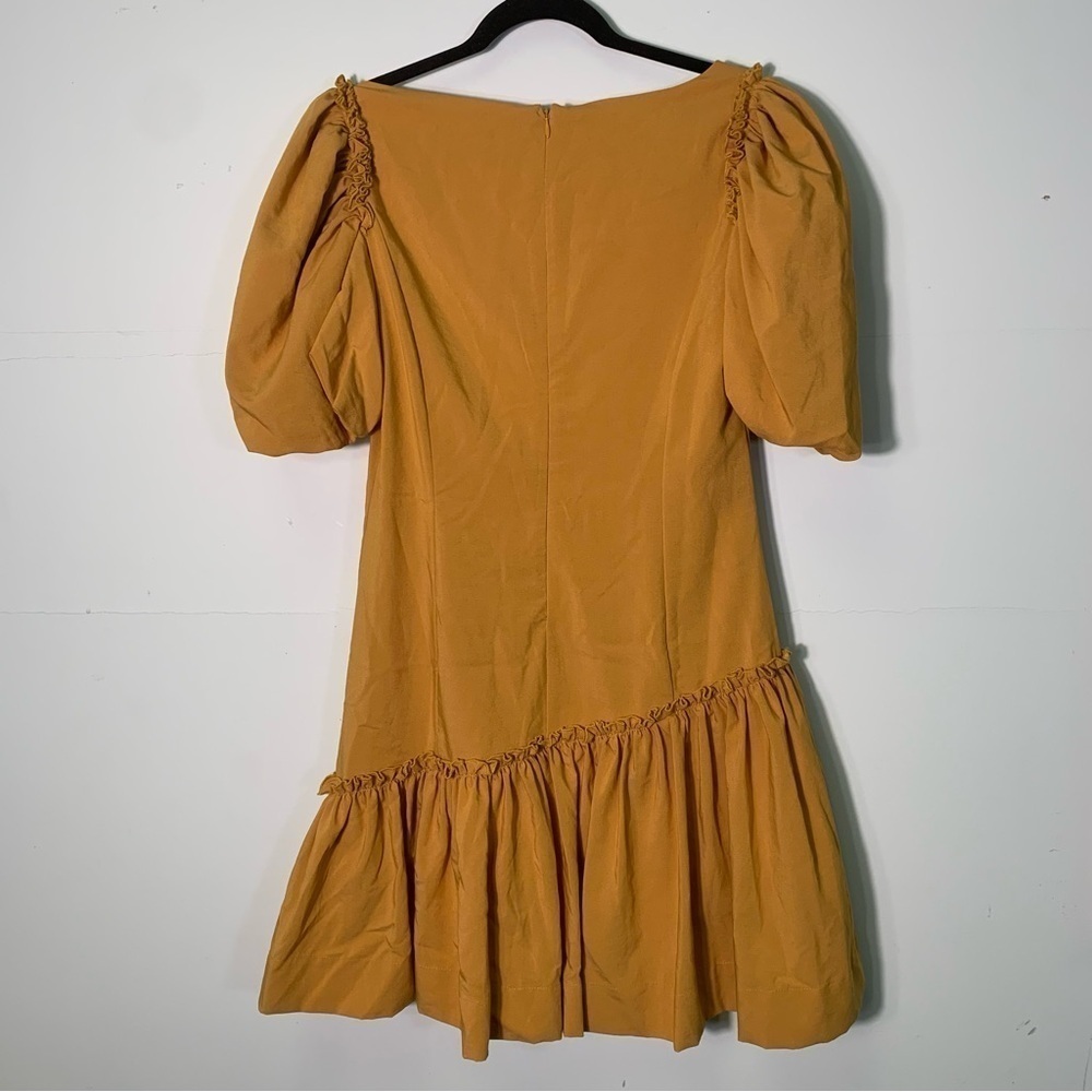 Line and Dot Mustard Balloon Sleeve Asymmetrical Ruffle Mini Dress size Small - Picture 4 of 8